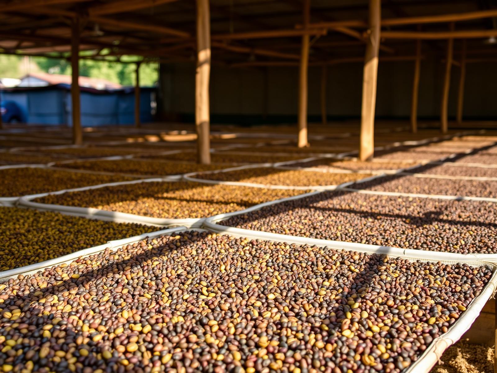 Coffee beans drying on raised beds in the Ethiopian highlands