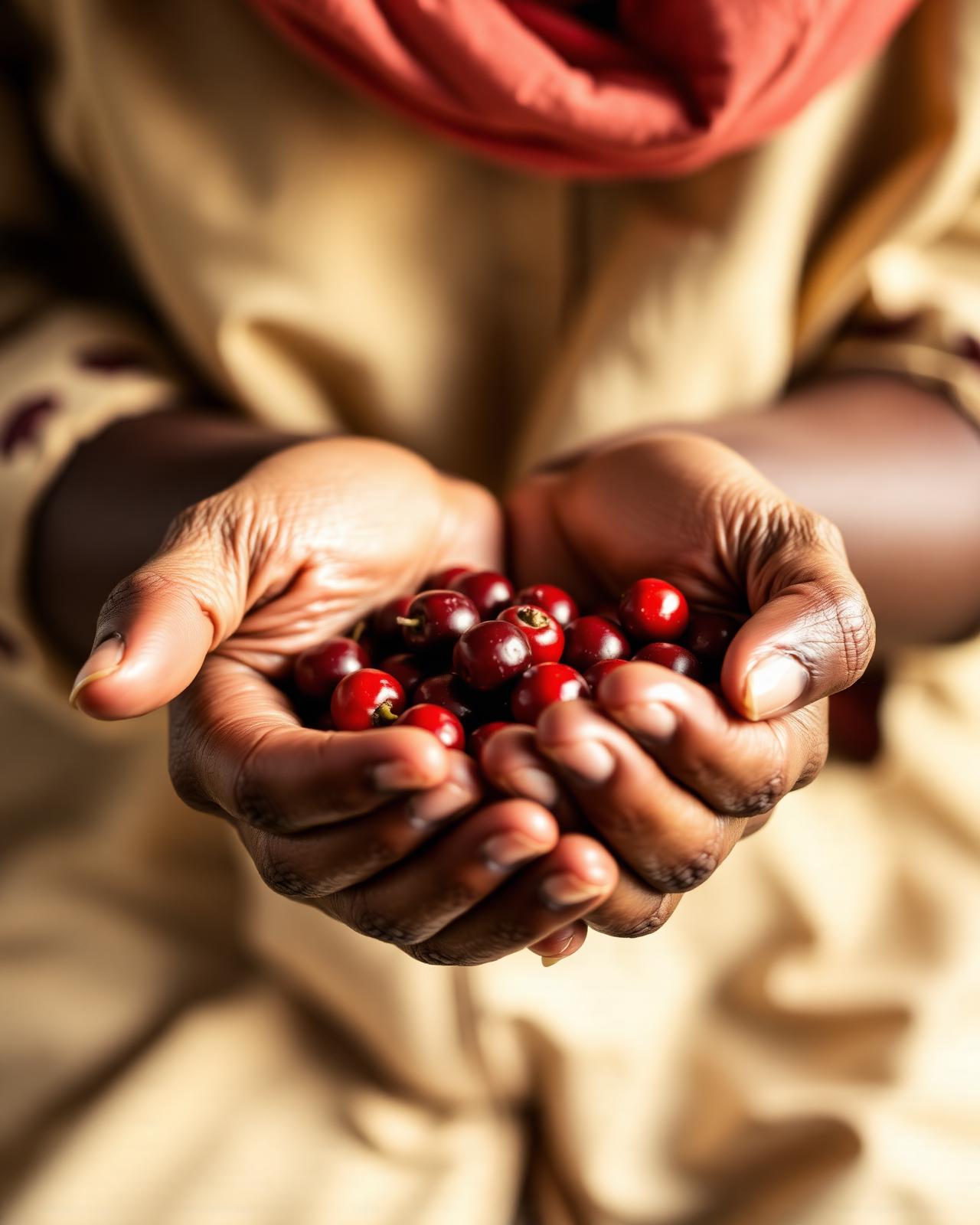 Farmer's hands holding fresh red coffee cherries